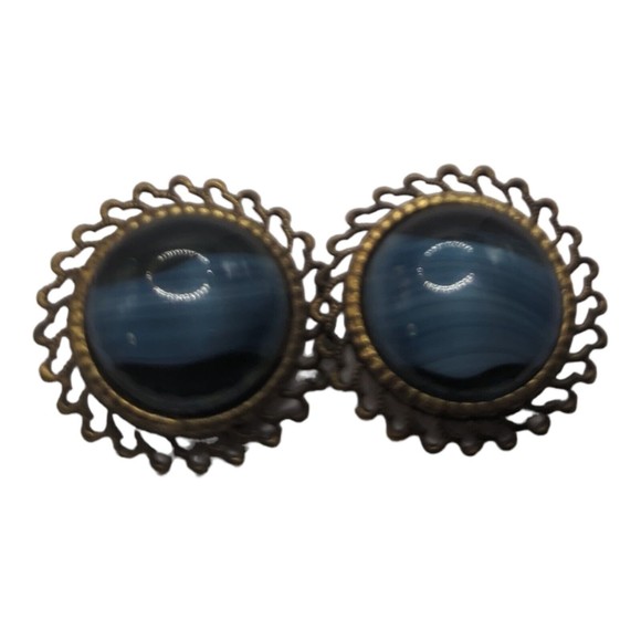 VTG Deep Blue Swirl Glass Brass Tone Round Clip-on Earrings Button West Germany - Picture 3 of 8